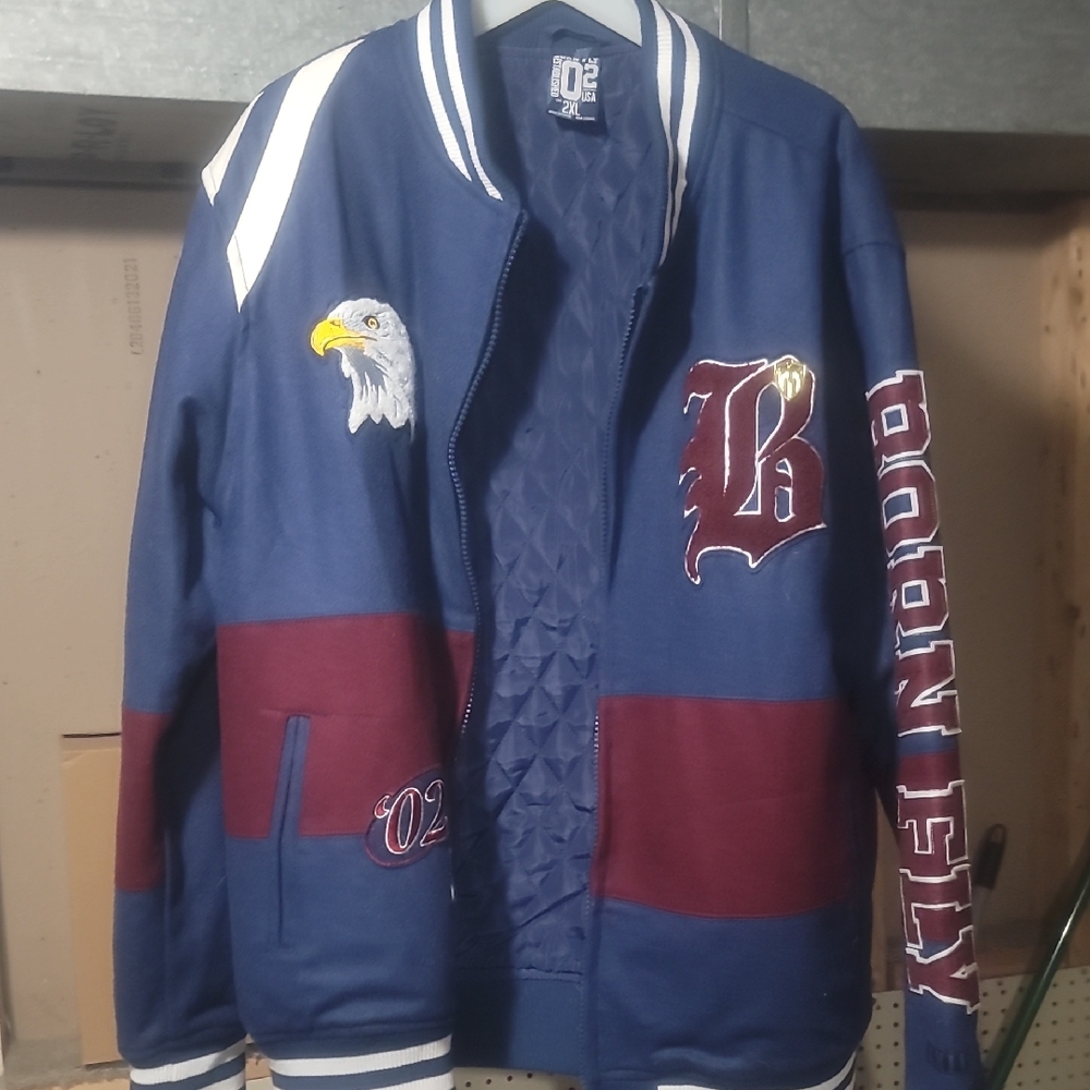 Men's Blue and Burgundy Bomber Jacket